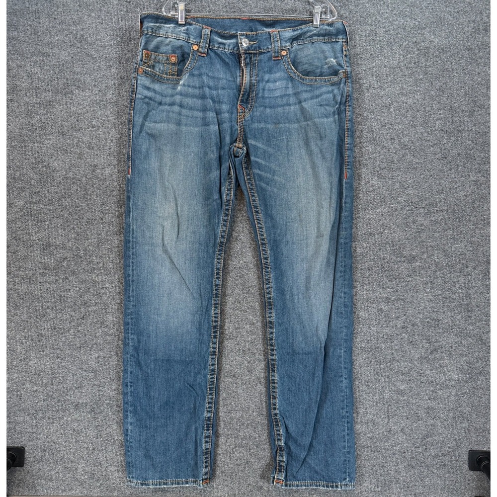 True Religion Slim Jeans Mens 38 Blue Contrast Stitch Horseshoe Denim Casual